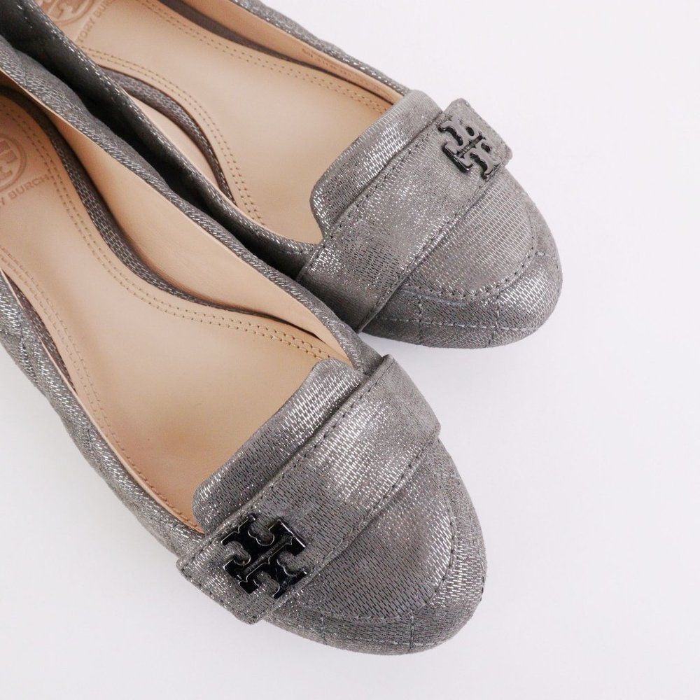 NIB Tory Burch LEILA Quilted Metallic Shimmer Loafers Metallic Pewter 8